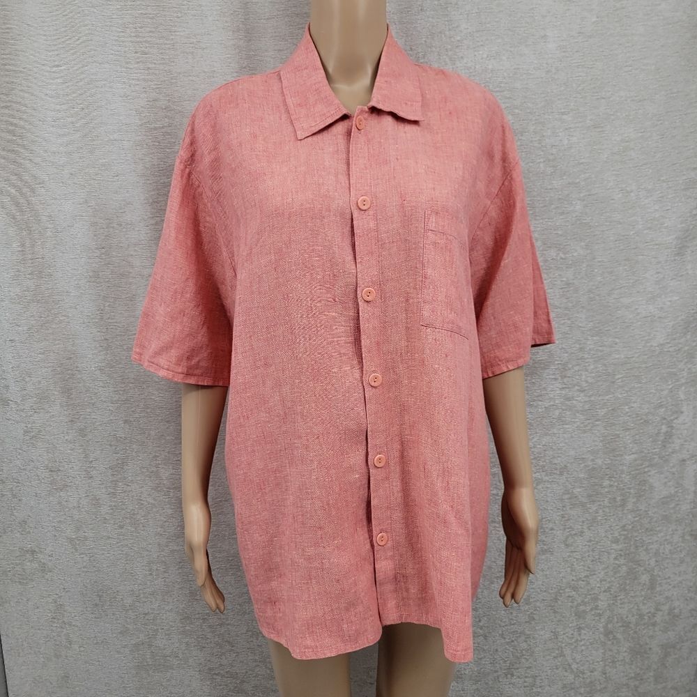 Flax Pink Salmon Linen Casual Button Up Shirt Top Blouse Oversized Small